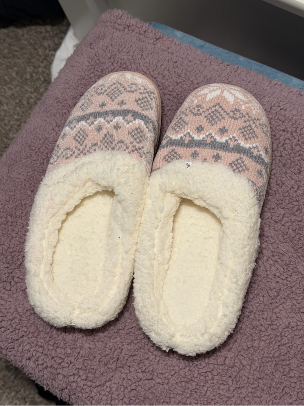 Cozy Cream & Pink Fair Isle Women's Slip-On Slippers